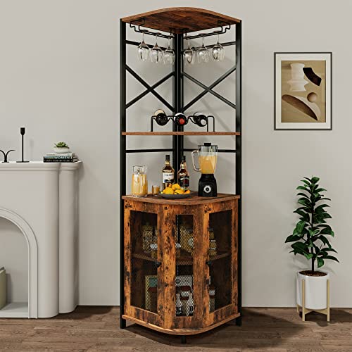 Osfvolr Bar Cabinet w/Wine Rack and Glass Holder, Corner Cabinet with Mesh Door, Corner Bar Cabinet with Adjustable Shelf, Liquor Cabinet Bar for Home, Rustic Brown - Image 6