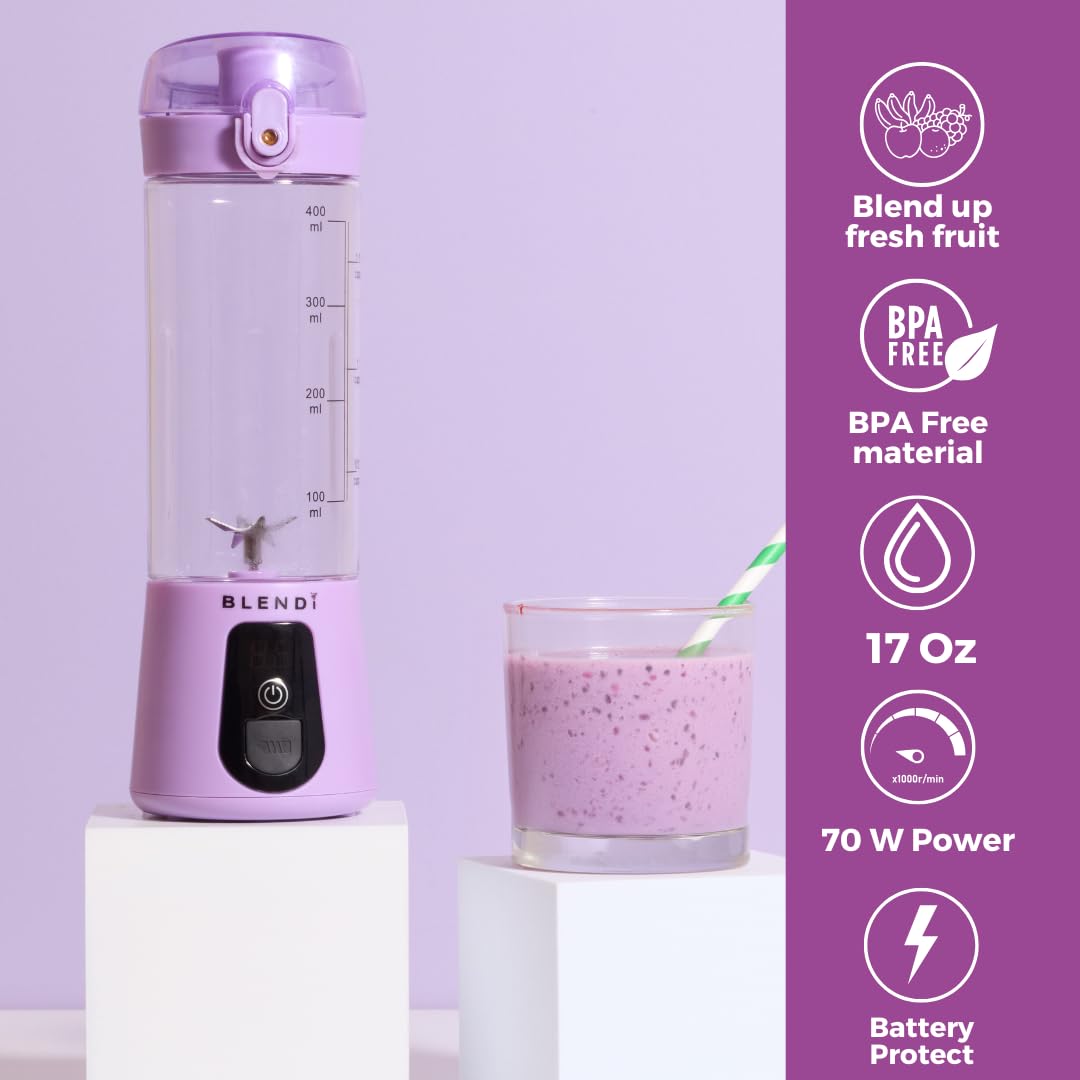 BLENDi Licuadora portátil Lite (17 onzas) – Recargable por USB, potente motor de 70 W para batidos, batidos de proteínas y más – Compacta, apta para viajes y sin BPA (morado)