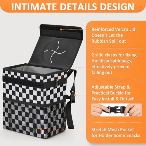 Image of Vankor Car Trash Can Bin with Lid Hanging for Back Seat, Car Accessories for Women Men Leak Proof Automotive Garbage Cans Leakproof Vehicle Trash Can for Truck SUV,Black White Checkered