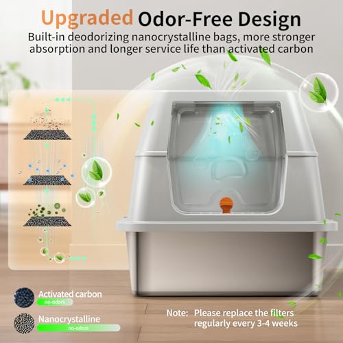Image of Stainless Steel Cat Litter Box with Lid, 180 Flip-Top XL Extra Large Enclosed Litter Box, Covered Metal High Sided Litter Pan with Steps & Scoop, Easy Cleaning, Odor Control, Non-Sticky-Grey