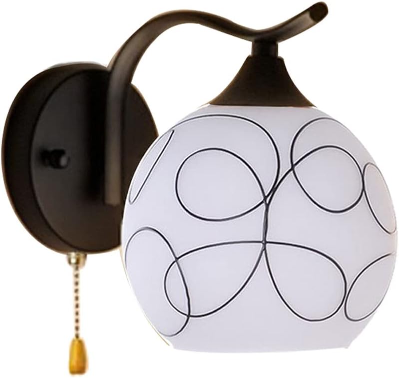 Pull Chain Wall Lamp Sconce E27,Metal Matte Glass Shade Pull Chain Light Fixtures (Color : Black)