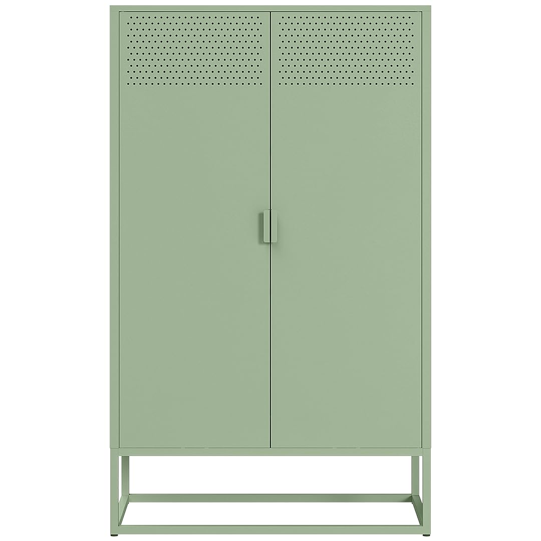 skølm Izar Metall Kommode – Wohnzimmerschrank in Mintgrün – Metallschrank mit 3 Fächern & Doppeltüren – Sideboard für Wohnzimmer – Mehrzweckschrank 80 cm breit – Highboard Industrial Style