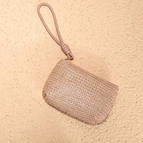 Bolsa feminina de palha de tecido – pequena bolsa de moedas e porta-cartão, carteira boho chique para dinheiro e cartões., Caqui