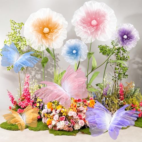 Image of Cinnvoice 8 Pcs Large Colorful Butterfly Flower Decorations 20 Inch 12 Inch 3D Giant Silk Butterfly Big Flower Mariposas Grandes para Decoracion for Wedding Backdrop Birthday Party