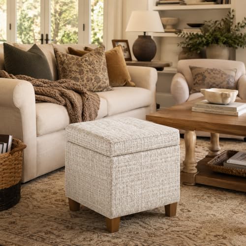 Image of HomePop 18 inch Square Tufted Storage Ottoman - Cream Textural Woven