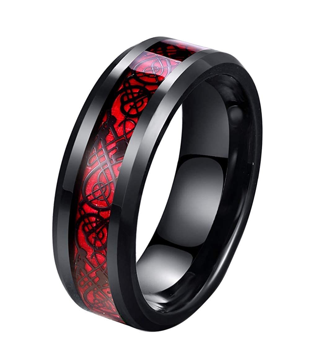 PS CREATIONTungsten Carbide Rings for Men Women Red Celtic Dragon Wedding Bands with Carbon Fiber Inlay Beveled Edges Comfort Fit