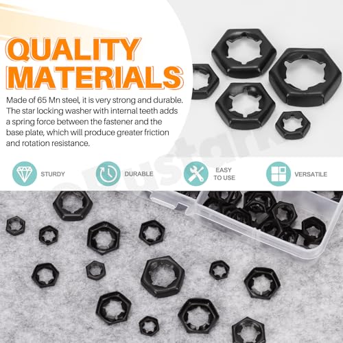 105Pcs M6 M8 M10 M12 M14 65Mn Push On Lock Nuts Assortment Kit Black Push Nuts Hex Hardware Nuts Fasteners Metric Machine Nuts for Machinery Manufacturing