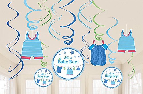 Amscan Baby boy Foil Swirl Decorations Package, 12 pieces, Multicolor