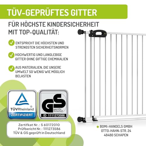 Bomi Treppenschutzgitter Merle Flatstep, Breite 63-71 cm | Türschutzgitter ohne Bohren, stabile Kindersicherung für Kind & Hund, TÜV geprüftes Hundegitter, Türgitter, Treppengitter, Metall Weiß