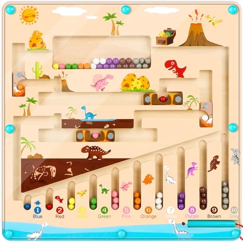 Image of NOWRICH Magnetic Dinosaur Puzzle, Montessori Toddler Travel Toys for 3+ Year Olds, Educational Wooden Counting Puzzle Board for Toddlers and Kids, Includes Magnetic Pieces and Maze Board