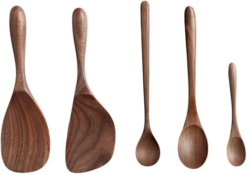 SHERCHPRY Juego de cubiertos de nogal negro para niños, juego de utensilios de cocina antiadherentes, juego de utensilios de cocina, juego de