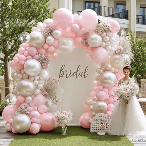 Pink White Pearl Balloon Arch Kit with Clear Bobo, Double Stuffed Pastel Baby Pink Pearl Sand White Beige Balloon Garland for Birthday Wedding Bridal Shower Baby in Bloom Party Decoration