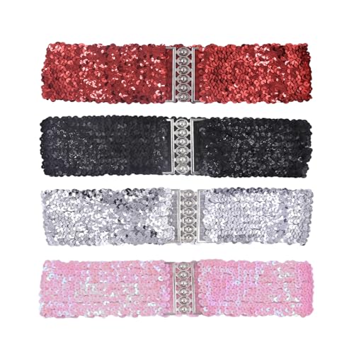 RARITYUS 4 Pack Women's Sparkly Sequin Elastic Waist Belt Glitter Wide Dress Belt Stretch Cinch Belt for Disco Party Costume3