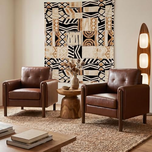 Image of STHOUYN 35 inch Brown Leather Oversized Accent Chair Set of 2 with Wood Armrests, Mid-Century Modern Tufted Living Room Chair, Comfy Reading Sofa Chair Lumbar Support & Thick Cushion Waiting Room Office