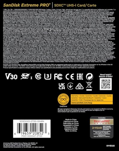 Image of SANDISK 2TB Extreme PRO SDXC UHS-I Memory Card - Up to 250MBs - C10, U3, V30, 4K UHD, SD Card - SDSDXXD-2T00-GN4IN