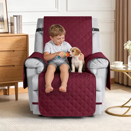 Image of TAOCOCO 100% Waterproof Recliner Covers, Recliner Sofa Covers with Leg Straps, Reversible Recliner Couch Cover for Reclining Chair, Washable Couch Protector for Pets Kids(1 Seater 28 inch, Wine)
