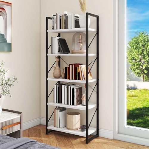 DWVO 5 Tier Bookshelf, White Bookase Storage Organizer, Modern Book Shelf Storage Rack Shelves for Bedroom, Living Room, Home Office, White