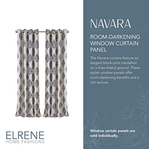 Elrene Home Fashions Navara Medallion Room-Darkening Window Curtain, Single Panel, 52" X 95" (1 Panel), Navy #TOP1