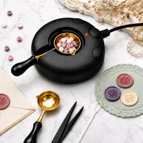 Black Electric Wax Seal Warmer for Melting Wax Beads DIY Wax Seal Stamp Craft with Heat Proof Mat Spoon and Tweezers & Stir Tool for Wedding Party Invitation Christmas Gift Wrapping