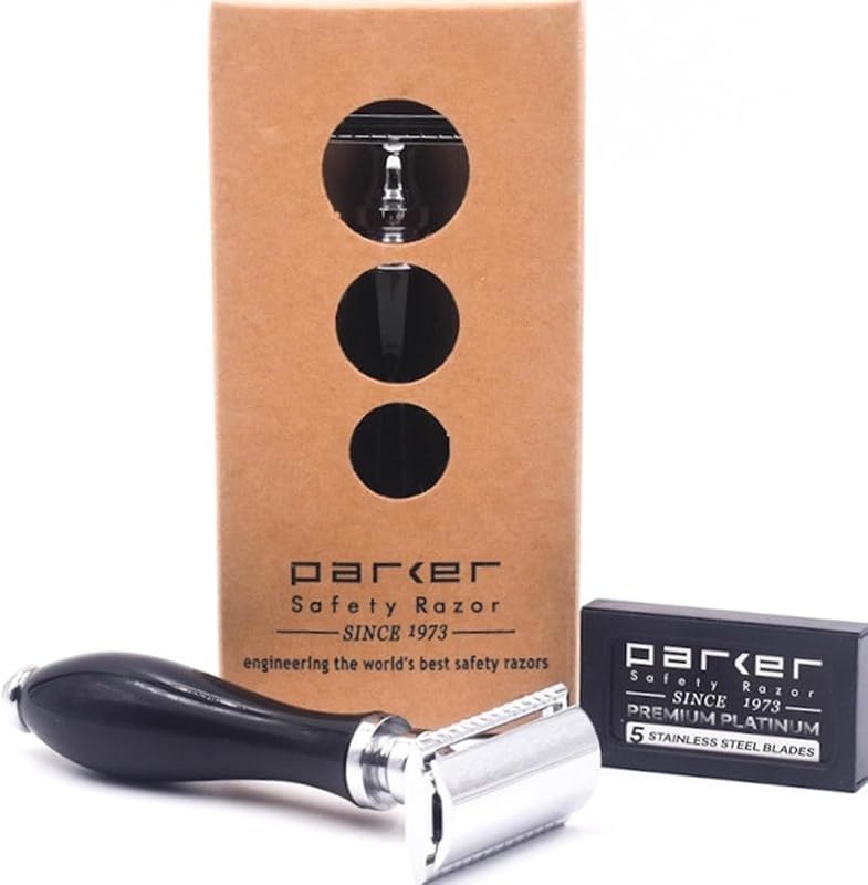 Parker Safety Razor 111B Aparelho de Barbear de Segurança de Três Peças com Lâmina Dupla e 5 Lâminas