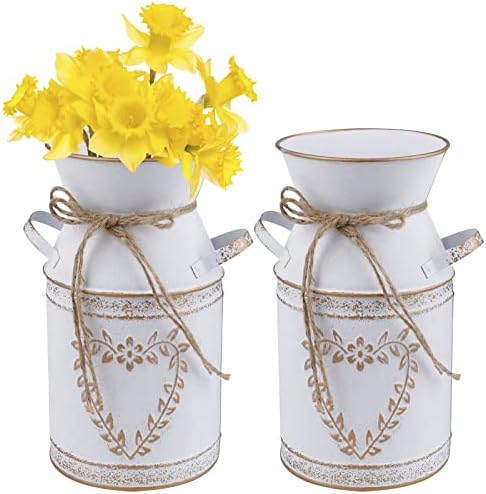 Hacaroa 2 Pcs Metal Flower Vase Shabby Chic Vintage Vase Metal Milk Can Rustic Galvanized Vase 7.5"H Vintage Farmhouse Jug Vase Metal Pitcher Flower Vase Rustic Bucket for Garden Wedding Home Table