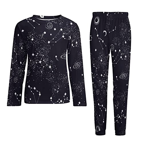 SEPTYK Stars Moon Planet Space Galaxy Pattern Men's Pajama Set Long Sleeve Top & Bottom Sleepwear 2 Piece Lounge PJ3