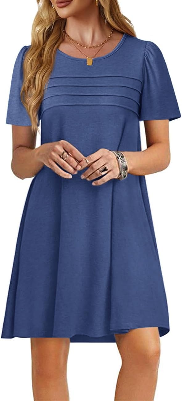 Imily Bela Womens Summer Casual T Shirt Dress Short Sleeve Crewneck Pleated Front Loose Beach Flowy Mini Dresses