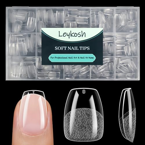 Image of Leykosh Extra Short Coffin Nail Tips - 15 Sizes 330PCS Soft Gel Fake Nails, Half Matte Full Cover Pre-Shaped Clear Press On Acrylic Nails No C Curve Gift for Extension, DIY Home Manicure Beauty Gifts