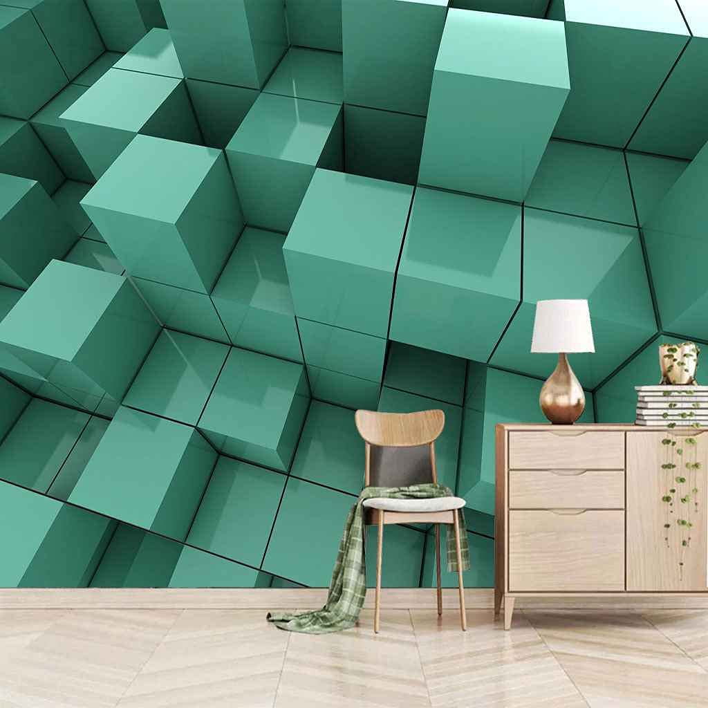 Papier peint 3D géométrie verte créez un salon contemporain et relaxant