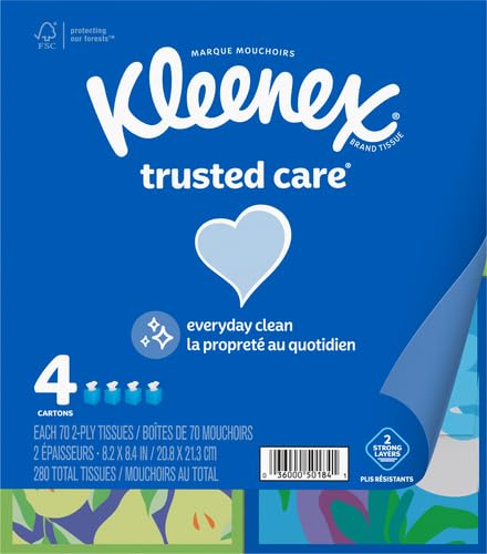 Image of Kleenex Trusted Care Facial Tissues, 4 Cube Boxes, 70 Tissues per Box, 2-Ply (280 Total), Packaging May Vary (Pack of 12)