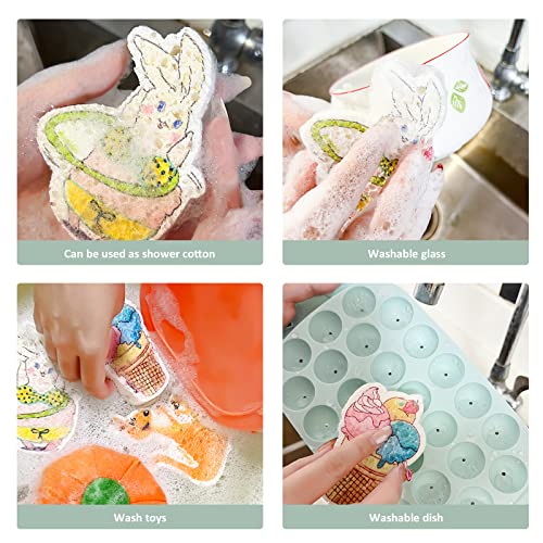 Image of 3pcs Compressed Wood Pulp Sponge Scrubber, Cute Cartoon Dual-Sided Reusable Dish Washing Cleaning Sponges Brush, with Lanyard, Individually Packaged, Household Cleaning Supplies
