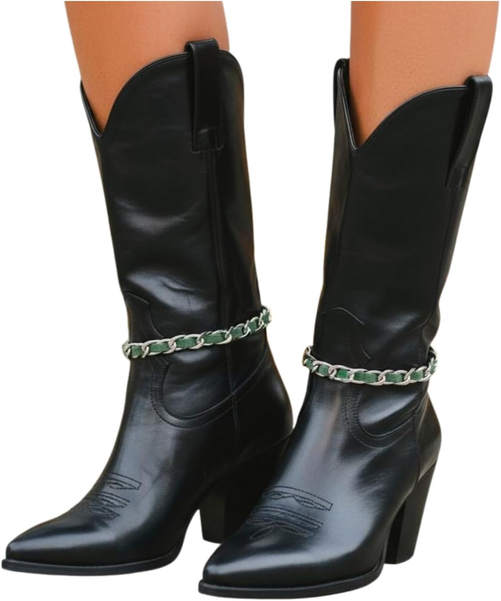 Women’s Boot Chain Anklets (PAIR) – Silver Curb Chain Woven With Green Faux Leather – Adjustable 12–15 In – Western/Cowgirl/Biker Boot Jewelry – Handmade In USA BC49
