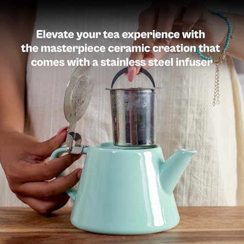 Image of Muse Teapot with Infuser | Ceramic Made with Stainless Steel Infuser | with Sleek and Modern Design Easy to Brew and Clean (Jade Green)