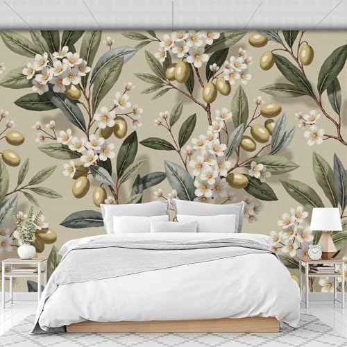 Papier peint intissé branches d'olivier citron vert olive 150x105
