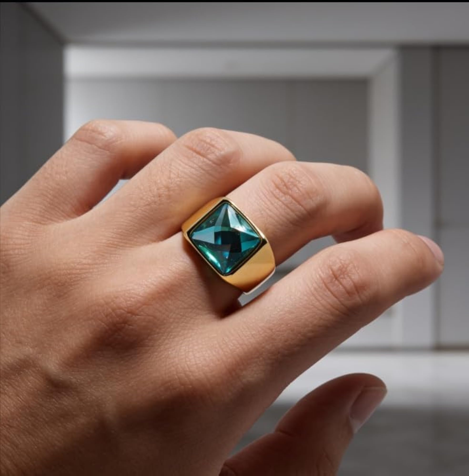 MJ Luxe Blue Stone Signet Ring, Gold Plated