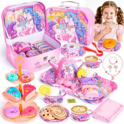 Hohosunlar Unicorn Tea Party Set for Little Girls Toddler Princess Toy Tea Set Pretend Play Teapot Dessert Tea Cup Set Food Kitchen Playset Birthday Unicorn Gift for 3 4 5 6 7 8 Year Old Girl