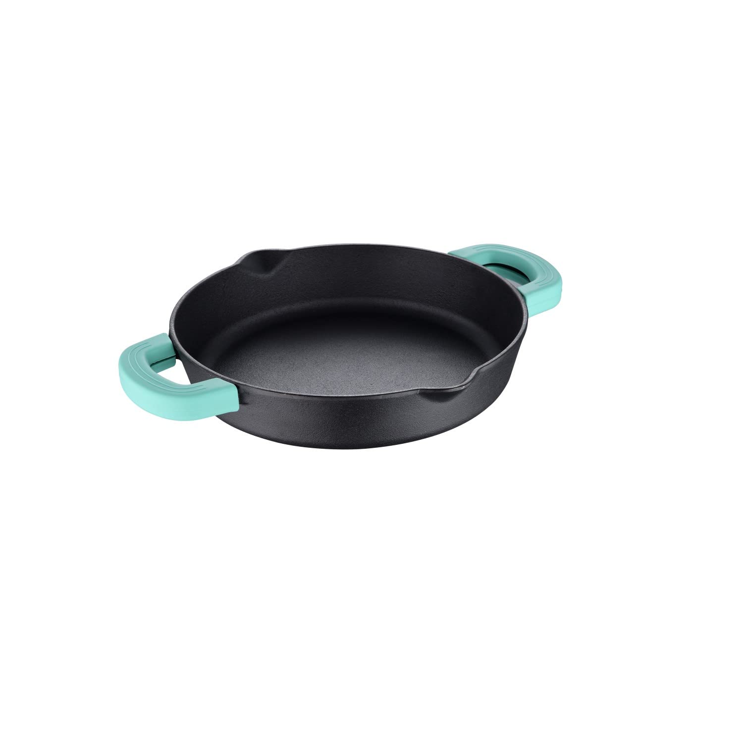 Bergner Elements Cast Iron 24 cm Baking Pan/Shallow Kadai, Pre-Seasoned, 1 L Capacity, for Roast/Bake/Pasta/Frittatas/Pudding/Rice, Teal Blue Silicone Grips, Induction & Gas Ready