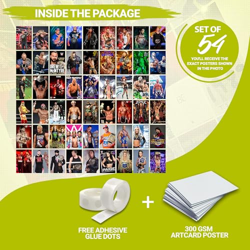 Image of MODERN GALLERY MART Pack of 54 WWE Superstars Wall Collage Kit Posters - 4 x 6 Inches Posters for Wall Decoration - Wall Art For Bedroom, Office, Living room, Dorm room - Glue Dots Included