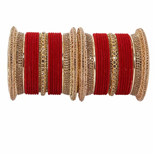 Image of NMII Non-Precious Metal with Base Metal and Studded with Zircon Gemstone Glossy Finished Traditional Velvet Bangle Chuda set for Women and Girls