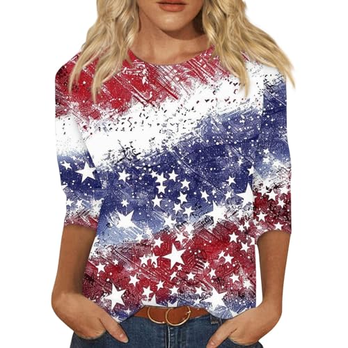Red White and Blue Shirts for Women 4Th of July Tops American Flag 3/4 Sleeve Patriotic Shirts Independence Day Round Neck Cute Festival Tops Large 22-Dark Blue