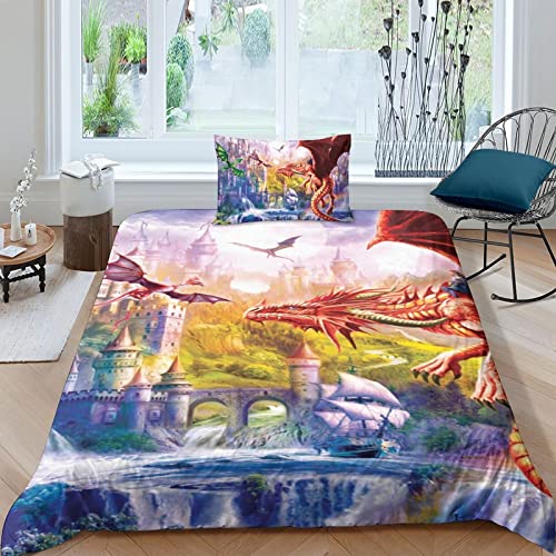 FUWE Giant Dragon Kids Duvet Cover Set 3D Printed Car Bedding Magic Dragon Quilt Cover Set with Zipper Closure for Kids Boys Teen Soft Microfiber Duvet Cover (3PCs) Single（135x200cm）
