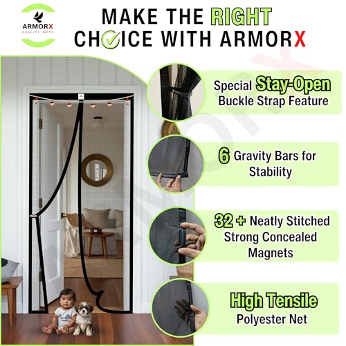 Image of ARMORX Premium Collection Magnetic Mosquito Net for Doors | Self Closing Magnets & Stay-Open Buckle Feature | Incl. Toran for Classy Look & Decor | Royal Black -190cm x 120cm