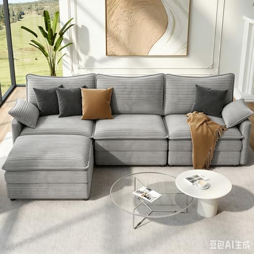 Image of Vesgantti L Shaped Sectional Couch with Ottoman Corduroy for Living Room, Bedroom and Apartment, Dark Grey