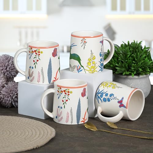 Image of CRAF10 Green Stag Ceramic Coffee /Tea Mugs - Set of 4, 330 ML Each, Elegant & Durable, Microwave & Dishwasher Safe