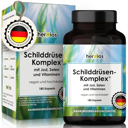 HERBIOS Jod-Selen Komplex 180 Schilddrüsen-Kapseln für 6 Monate hochdosiert mit L-Tyrosin Eisen B-Vitaminen & Folsäure Natürlich Vegan & Laborgeprüft
