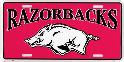 Hangtime University of Arkansas - Arkansas Razorback Red on White Embossed Metal auto tag