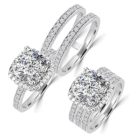 Diamonbella 101 Facets 2 Carat Princess Cushion Cut NSCD Simulated Diamond Ring Double Band Set 925 Silver Platinum Plated Halo Cover