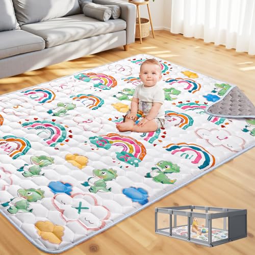 Image of SWITMH 74x50 Playpen Mat for Crawling: Large Soft Non-Slip & Washable Baby Floor Mat, Foldable Playmat for Indoor & Outdoor, Rainbow