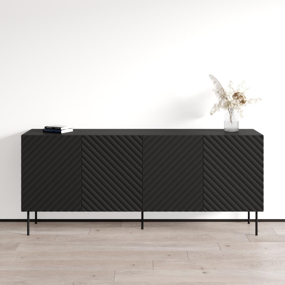 Meble Furniture Onda Modern Floor Mount Sideboard — Four Doors with Spacious Storage — Engineered Wood, 74.8" W x 15.7" D x 31.5" H — Black