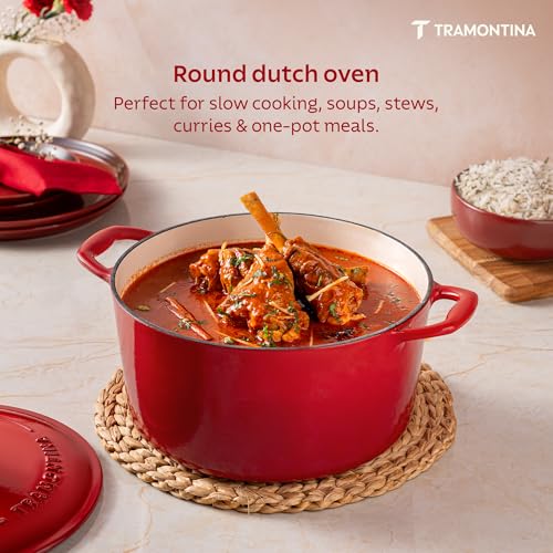 Image of TRAMONTINA Bestow Round Dutch Oven 3.3L with Lid | Enameled Cast Iron Casserole Pot & Biryani Pot | Even Heat Retention | Low Oil Healthy Cooking | No Seasoning Required | All Cooktops Compatible | Red